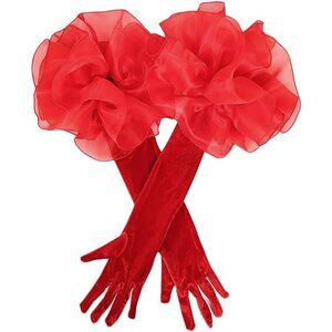 Women's Elegant Evening Dark Red Opera Velvet Ruffled Long Puff Sleeve Gloves